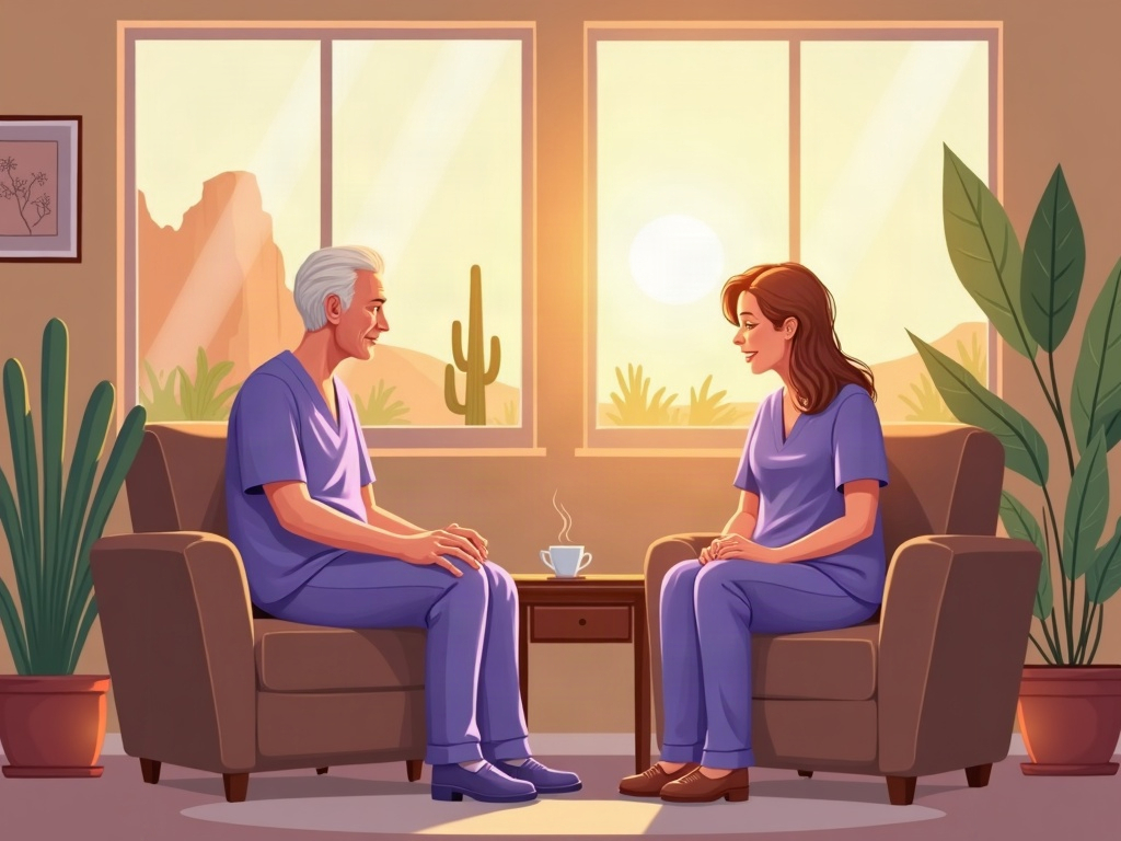 A compassionate hospice nurse in lavender scrubs tending to a comfortable patient in a sunlit Arizona home bedroom — showing what does a good day look like on hospice