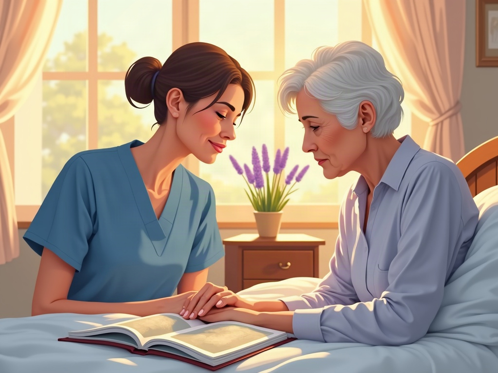 An elderly hospice patient resting peacefully in a sunlit Arizona home bedroom while a family caregiver holds his hand, illustrating what does a good day look like on hospice.