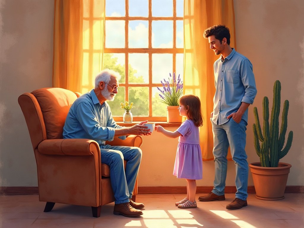 An elderly hospice patient resting peacefully in a sunlit Arizona home bedroom while a family caregiver holds his hand, illustrating what does a good day look like on hospice.