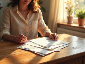 Organized end-of-life documents including a Medicare card laid out on a wooden table — a key step in knowing what to organize before a loved one dies