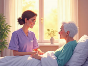 a hospice nurse providing what is general inpatient hospice support by holding an elderly patient's hand in a warm, sunlit inpatient room