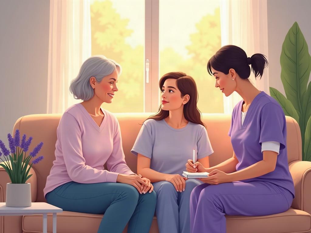 a hospice nurse providing what is general inpatient hospice support by holding an elderly patient's hand in a warm, sunlit inpatient room