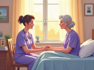 A compassionate hospice nurse providing home is where people want to die comfort care, sitting beside an elderly patient in his own sunlit bedroom at home