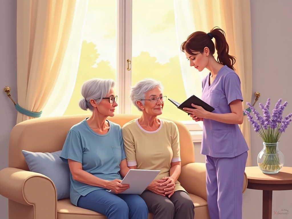 A compassionate hospice nurse providing home is where people want to die comfort care, sitting beside an elderly patient in his own sunlit bedroom at home