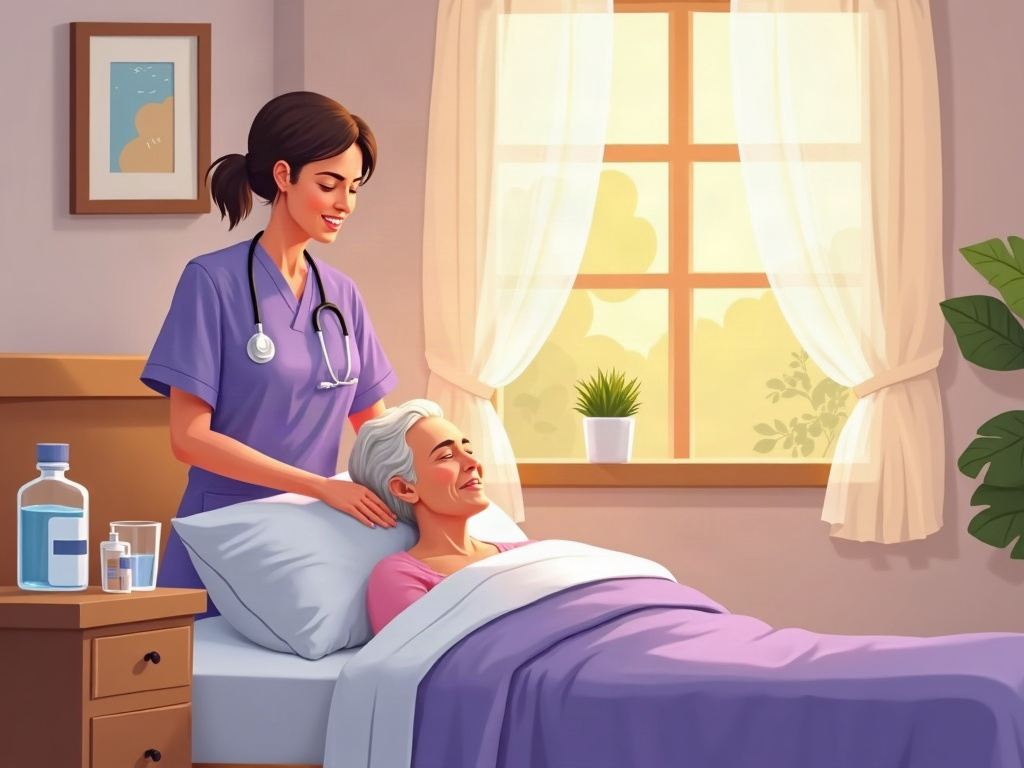 A compassionate hospice nurse providing home is where people want to die comfort care, sitting beside an elderly patient in his own sunlit bedroom at home
