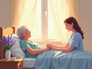 being an advocate in the hospital for a dying parent — A family member sitting beside an elderly parent in a peaceful hospice room, showing what it means to serve as an advocate in the hospital for a dying parent during their final days.