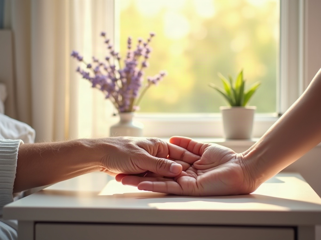 being an advocate in the hospital for a dying parent — A family member sitting beside an elderly parent in a peaceful hospice room, showing what it means to serve as an advocate in the hospital for a dying parent during their final days.