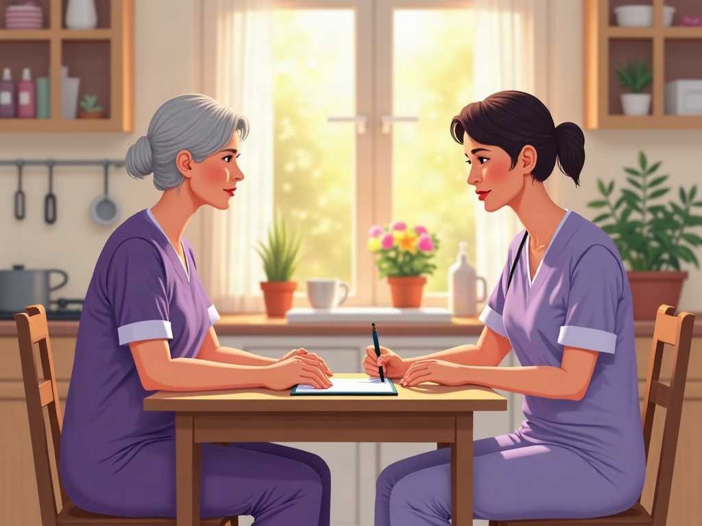 A hospice nurse in lavender scrubs delivering no cost hospice care to an elderly patient resting comfortably at home in soft afternoon light.