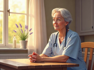 A hospice nurse practitioner offering compassionate support to a family member navigating is it normal to feel relief when a parent dies in a warm home setting